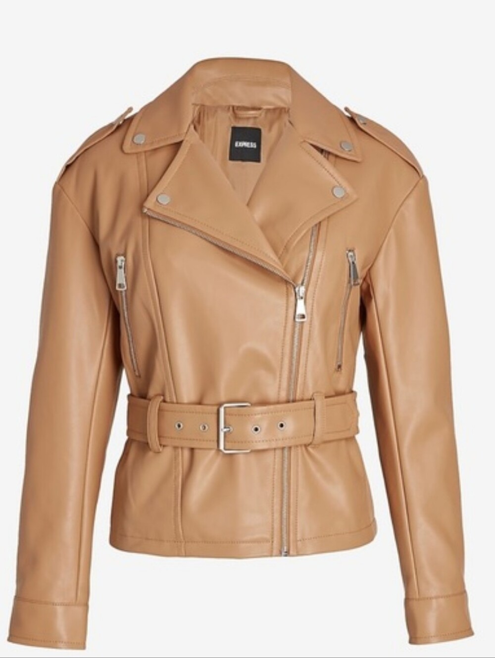 Express Women's Tan Camel Light BROWN Faux Leather Belted Moto Jacket